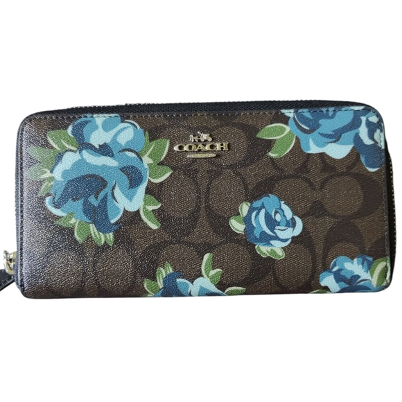 Coach Handbags - RARE Coach Brown and Blue Floral Wallet Authentic Dark Brown Signature Long Zip